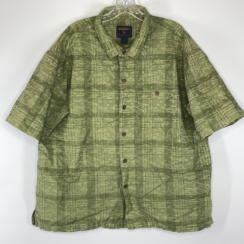 Woolrich Palm Fish Green Short Sleeve Button Up Size XL